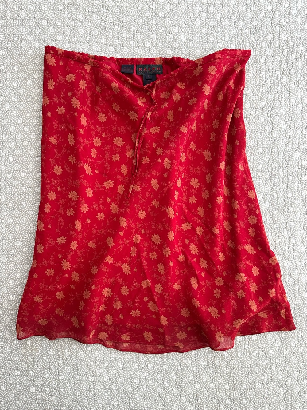 Vintage Ralph Lauren Y2K Red Silk Floral A-Line Skirt Low Waist Drawstring Sz L